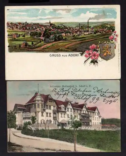 113657 2 Ansichtskarte Adorf i. V. Litho Panorama Wappen um 1905 Leipziger Heilanstalt um 1