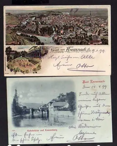 114018 2 Ansichtskarte Bad Kreuznach 1899 Nahebrücke Kauzenburg Litho Panorama Kurhaus