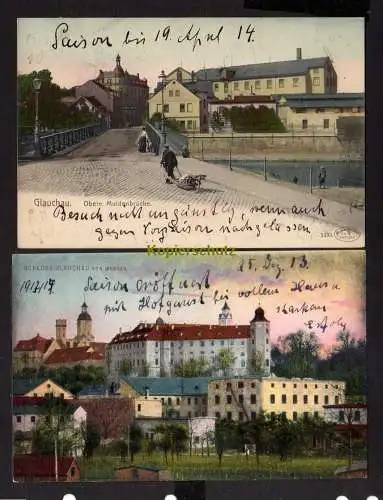 113936 2 Ansichtskarte Glauchau 1910 Obere Muldenbrücke Schloss Glauchau 1913