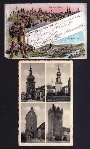 113806 2 AK Saalfeld Litho 1898 Ritter mit Hund Blick auf Panorama von 1640 und