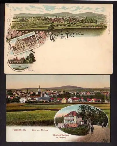 105519 2 Ansichtskarte Pulsnitz Litho um 1900 Rathaus Rietscheldenkmal Schlossteich Gasthau