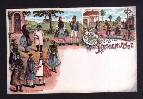 105694 Ansichtskarte Litho Gruss aus dem Hessenlande Hessen Trachten um 1900 Verlag Balser