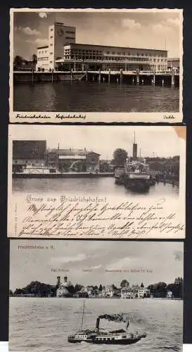 105807 3 Ansichtskarte Friedrichshafen Bodensee Hafen 1901 Schloss Seehof Sanatorium 1909 H