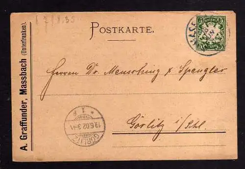 105566 Postkarte Bayern Massbach Unterfr. 1902 blauer Stempel Massbach