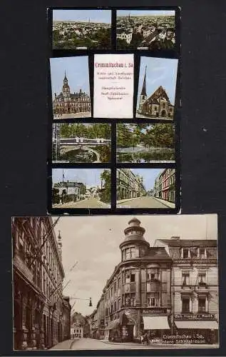 104967 2 Ansichtskarte Crimmitschau Untere Silberstraße Geschäft 1928 Kirche Sahnparkbrücke
