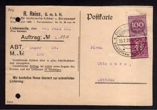 105302 DR 241 Y liegendes WZ auf Karte Liebenwerda 1923 MiF Perfin Firmenlochung