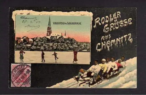 104372 Ansichtskarte Chemnitz 1909 Winterbild Rodler Grüße Schlitten Schlossteich Schlosski