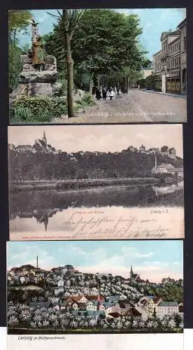 104404 3 Ansichtskarte Leisnig Lindenplatz Heimatbrunnen 1908 Schloss Kirche 1909 im Blüten