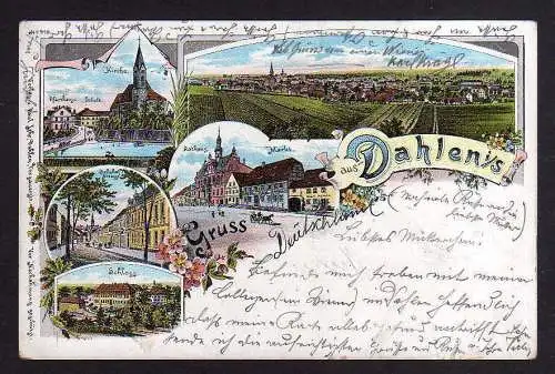 104310 Ansichtskarte Dahlen i. S. Litho 1899 Kirche Pfarrhaus Schule Bahnhofstraße Schloss