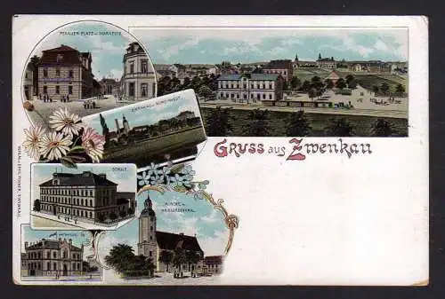 104301 Ansichtskarte Zwenkau Litho 1905 Bahnhof Schule Rathaus Kirche Pegauer Platz Marktst