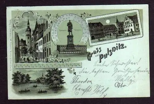 104324 Ansichtskarte Litho Pulsnitz Hauptmarkt Kirche Rietschel Denkmal 1898