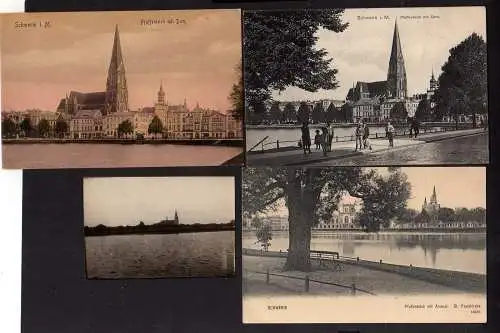 103597 3 Ansichtskarte Schwerin Pfaffenteich mit Dom 1911 St. Paulskirche + 1 Foto