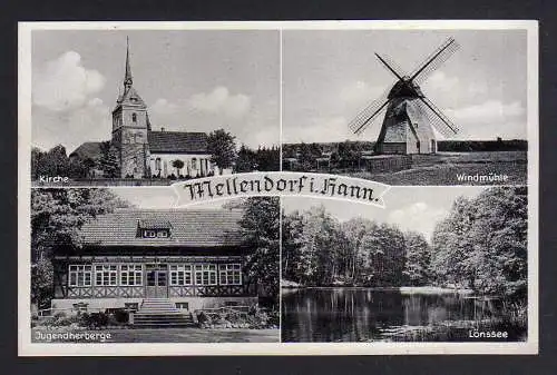 103150 Ansichtskarte Mellendorf in Hannover Kirche Windmühle Mole Jugendherberge Lönssee