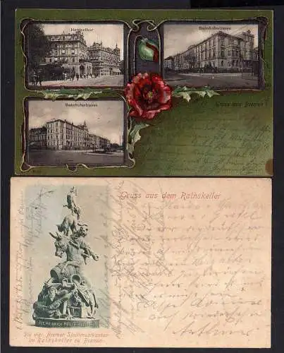 103295 2 Ansichtskarte Bremen Ratskeller Bremer Stadtmusikanten 1900 Austernhandlung Bahnho