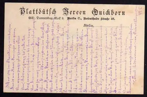 61873 Ansichtskarte Quickborn Plattdütsch Vereen Berlin Rosenthale um 1905