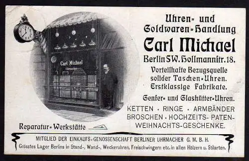 61303 Ansichtskarte Berlin 1907 Uhren- und Goldwaren Handlung Carl Michel Glashütter Uhren