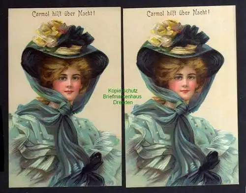 122574 2 Ansichtskarte Rheinsberg Carmol hilft über Nacht ! Frau mit Hut Künstlerkarte