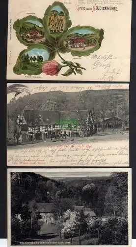 122612 3 Ansichtskarte Neudeckmühle Kleeblatt Litho Gasthaus alte Mühle 1901 Saubachtal