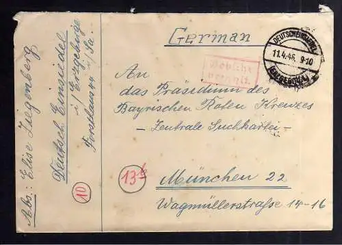 B2011 Brief SBZ Gebühr bezahlt 1946 Deutscheinsiedel Erzgebirge Bayr. Rotes Kreu