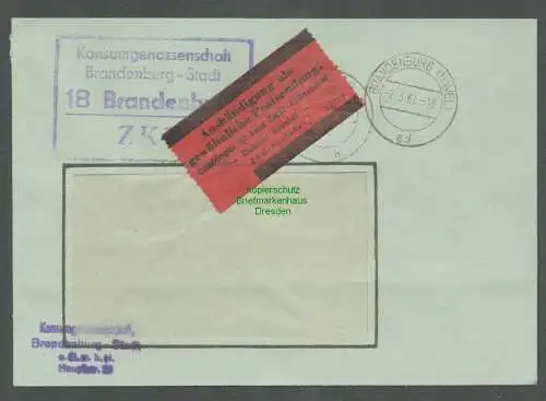 B5244 DDR ZKD Brief 1967 Konsumgenossenschaft Brandenburg n. Leipzig Aushändig