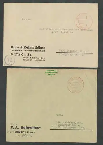 B6141 2x Brief SBZ Gebühr bezahlt 1945 Geyer Erzgeb Mühlenbau Anstalt Kuhnt