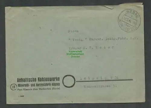 B6138 Brief SBZ Gebühr bezahlt 1946 Webau ü. Weissenfels Anhaltische Kohlenwerke