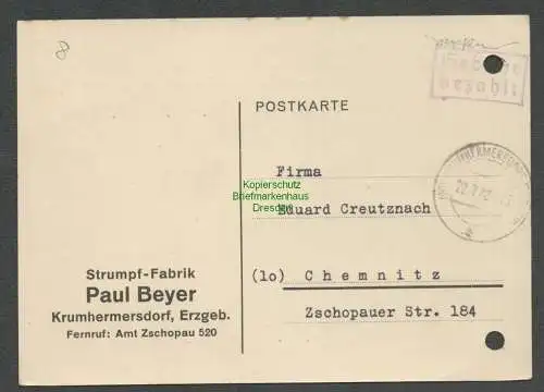 B6182 Postkarte SBZ Gebühr bezahlt 1948 Krumhermersdorf Amt Zschopau