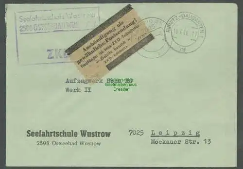 B5256 DDR ZKD Brief 1966 Seefahrtschule Wustrow n. Leipzig Aushändigung als gew