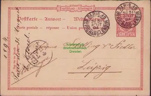 B15849 DR Ganzsache Krone Adler Antwortkarte aus Paris 1894 nach Leipzig
