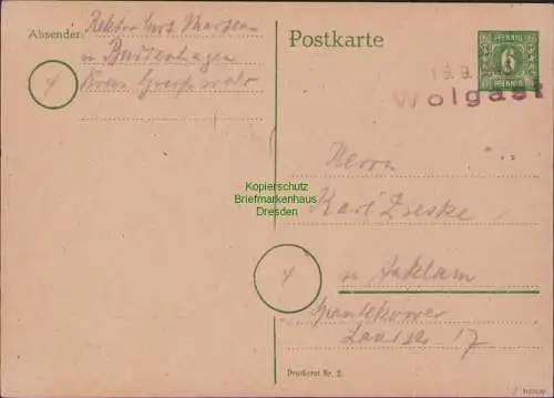 B15882 Postkarte Ganzsache Mecklenburg MVP Notstempel Wolgast 1945 nach Anklam