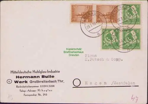 B15915 Brief SBZ Thüringen Ilmenau Mitteldeutsche Hohlglas Industrie 9.3.46 1946