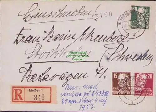 B15937 Brief DDR Meissen 11.4.53 n. Stockholm Schweden privater Ankunftsvermerk