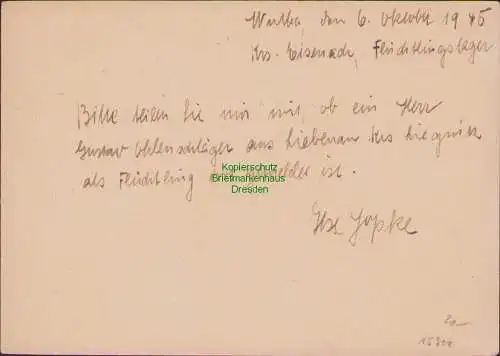 B15907 SBZ Postkarte Thüringen Wutha 1945 an Meldeamt Leipzig Bedarf