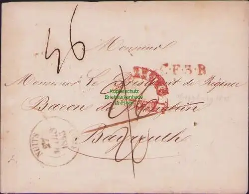 B15836 Frankreich Vorphila Brief Nuits 1845 nach Bayreuth über Würzburg (rot)