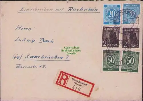 B15889 Brief Alliierte Besetzung 1947 Einschreiben Rückschein Oberhausen n. Saar