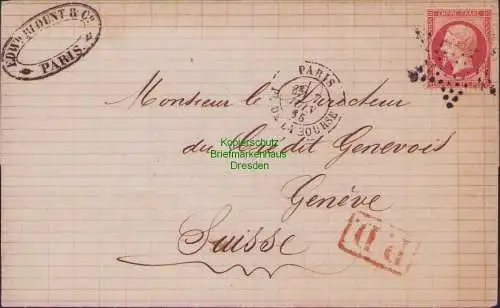 B15841 Frankreich Brief 1865 Paris Auslandsbrief nach Genf Geneve Suisse Schweiz