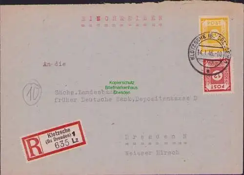 B15890 Brief Klotzsche Bz. Dresden 1946 SBZ Ostsachsen Einschreiben
