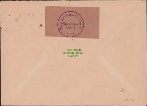 B15917 Brief SBZ Thüringen 14.3.46 1946 Kripo i Gera Abs. Kommunistische Partei