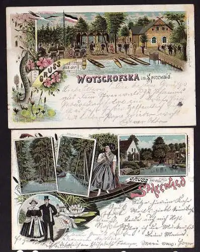 87732 2 AK Wotschofska Spreewald Litho Tracht Kahn Kanowmühle Gasthaus