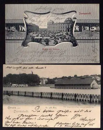 87453 2 AK Darmstadt 1900 Der große Woog Markt Schloss Jugendstil 1903