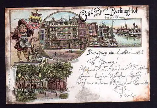 87632 AK Duisburg 1899 Hotel Berliner Hof Litho Hafen Garten Wappen Kind