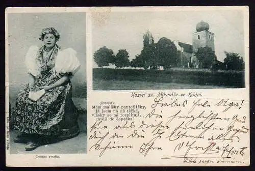 77587 Ansichtskarte Nova Kdyne Neugedein 1899 Tracht Kostel sv. Mikulase ve Kdyni