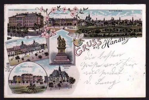 77257 Ansichtskarte Hanau Hessen Ulanen Kaserne Zeichenakademie Litho 7 Bilder 1898