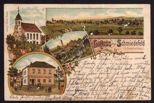 74134 AK Litho Schmiedefeld b. Großharthau 1901 Gasthaus Restauration Mager