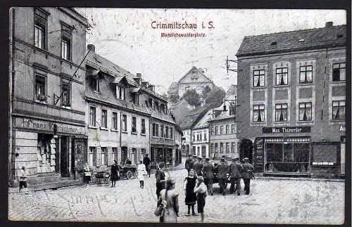 65153 Ansichtskarte Crimmitschau Mannichswalderplatz Geschäfte gelaufen ca. 1922
