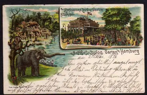 65128 AK Hamburg 1896 Restaurant Zoologischer Garten Elefant Affen gelaufen