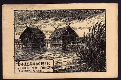 63685 Ansichtskarte Unteruhldingen Pfahlbausiedlung 1922 Künstlerkarte Pfahlbaumuseum