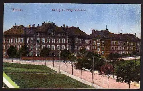 62415 Ansichtskarte Zittau König Ludwig Kaserne 1919 Stempel Haupt Bahnhof