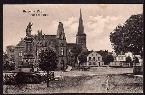 62106 Ansichtskarte Bergen Rügen Post Kirche Denkmal 1920