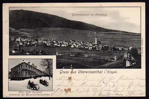 52749 Ansichtskarte Oberwiesenthal Erzgebirge Hotel Stadt Carlsbad Hörnerschlitten 1906